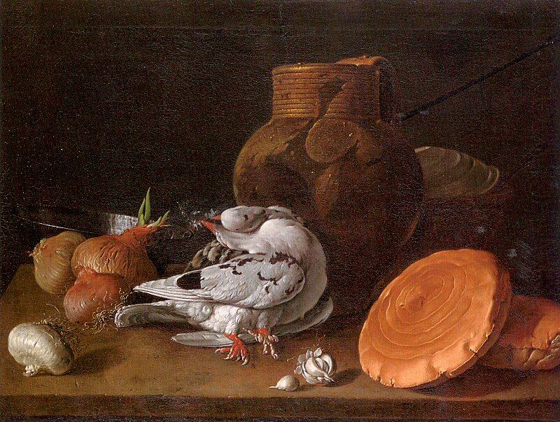 Still Life with Pigeons, Onions, Bread and Kitchen Utensils, Melendez, Luis Eugenio